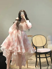 Hnewly  New Vintage Floral Sweet Midi Dress Women Irregular Elegant Puff Sleeve Fairy Dress Female Autumn Casual Beach Party Dress