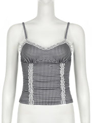 Hnewly Sweet Patchwork Lace Trim Camis Top Sexy Slim Slash Neck Sleeveless Tank Tops Women 2024 Summer Fashion Streetwear Lady