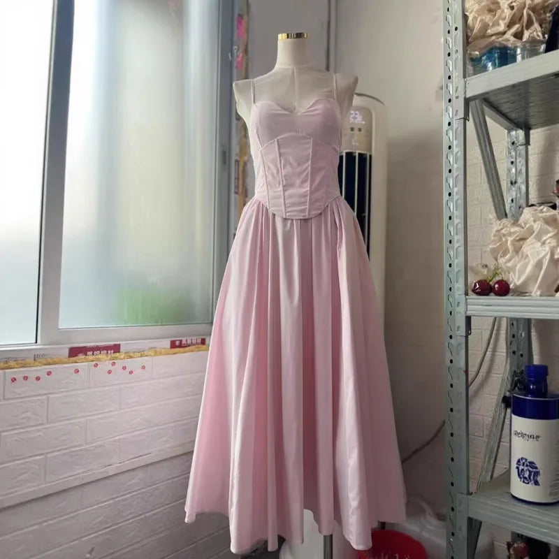 Hnewly Fashion Solid Color Dress Women's Waist Retraction Strap Casual A Line Dresses 2025 Summer New Tide