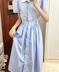 Hnewly  Woman Dress Striped Turn Down Collar Patchwork Ruffles Single Breasted Short Sleeve Summer Fashion Female Dresses Casual