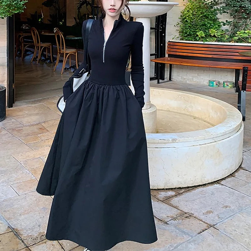 Hnewly  Hebe Style Long Sleeve  Collar Dress Women's Spring Autumn New Design Black Slim Fit A-Line Skirt High Waist  Sweet
