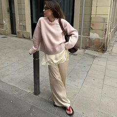 Hnewly  Elegant Knitted O-neck Sweater Women Solid Loose Full Sleeve Warm All-match Sweaters Female Winter Spring Pullover Lady New