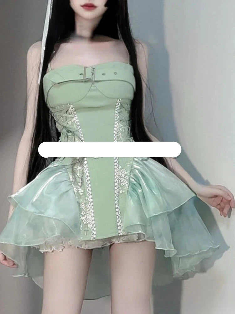 Hnewly DRESS TO IMPRESS Summer Sweet Lace Sleeveless Dress Women Ruffle Cute Skinny Backless Dresses Female Strappy Kawaii A Line Party Beach Clothing