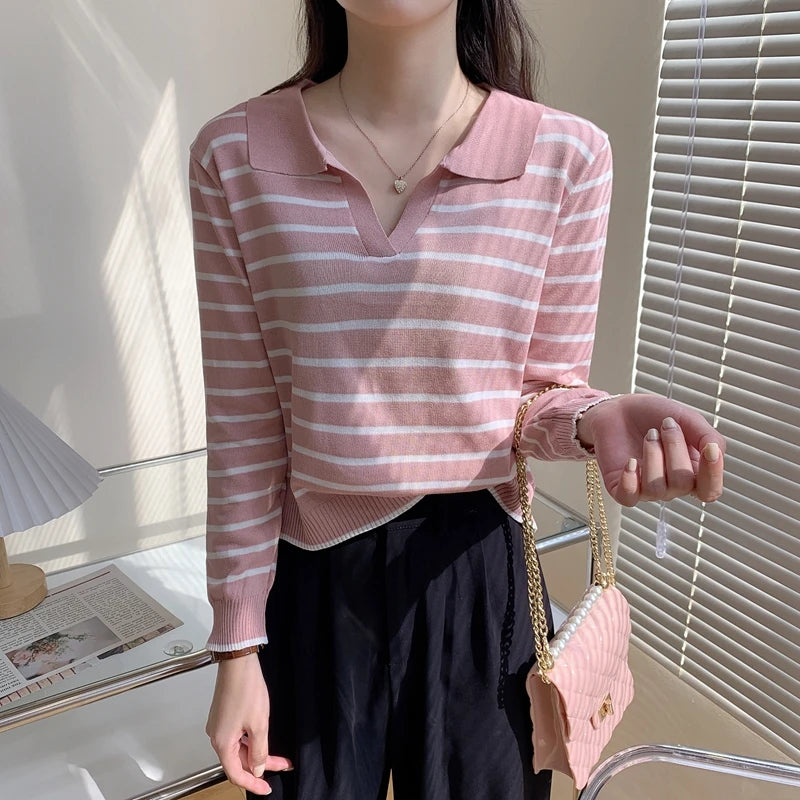 Hnewly  Striped Knit Pullover Sweater Women's Autumn 2025 New Lapel Shirt V-neck Loose Long Sleeve T-shirt Fashion Bottoming Short Top
