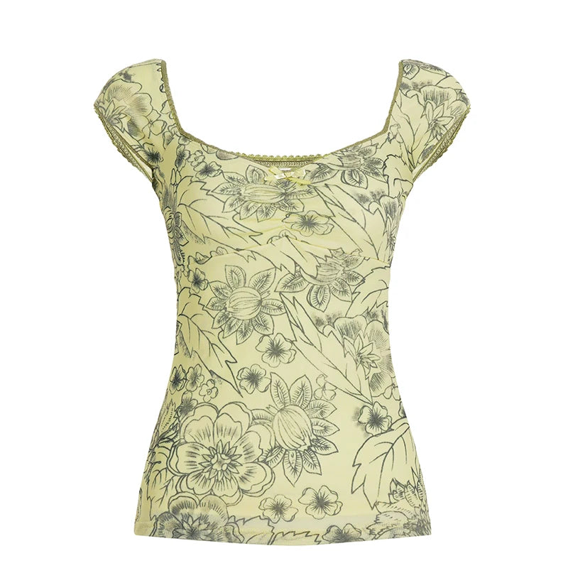 Hnewly Vintage y2k Square Collar Crop Top Cute Coquette Floral Print Slim-fitting Tee Shirt for Summer Retro Harajuku Women Tees
