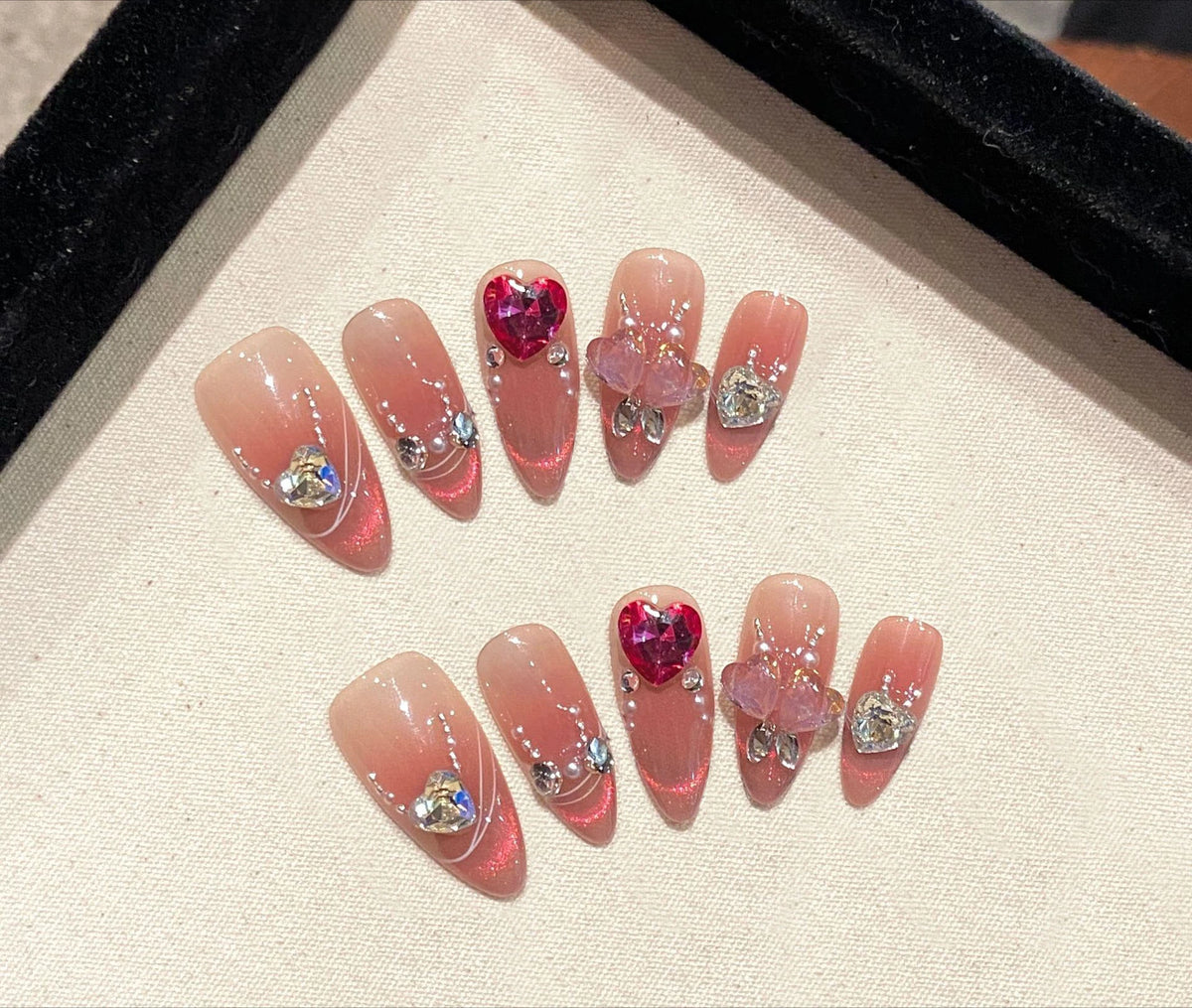 Hnewly 10Pcs Pink Handmade Press on Nails Full Cover Bow Tie Rhinestone Design French Almond Fake Nails Wearable Manicure Nail Tips Art