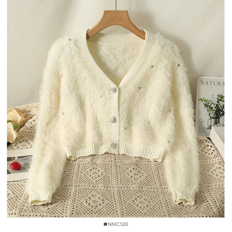 Hnewly  Heart Button Plush Soft Sweater Coat Autumn/Winter New Women's Fashion Shiny Diamond V-Neck Short Knitted Cardigan Top