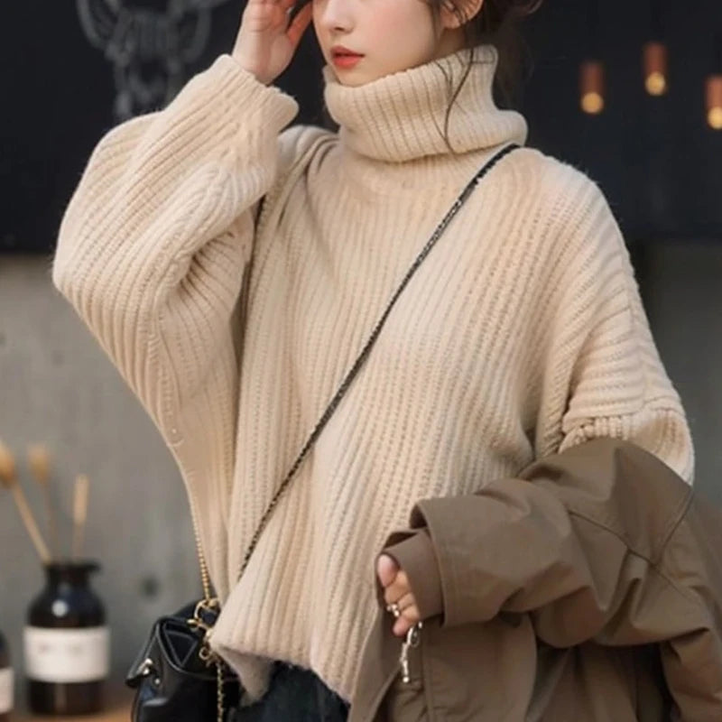 Hnewly  Oversized Turtleneck Sweater Women Loose Plain Rolled Neck Jumper Knit Pullovers Loose Soft Knitwear Autumn Winter Outfit