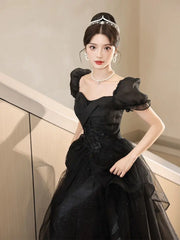 Hnewly New Graduation High School Dress French High end Black Long Evening Dresses for Women Bubble Sleeve Bridesmaid Wedding Dress