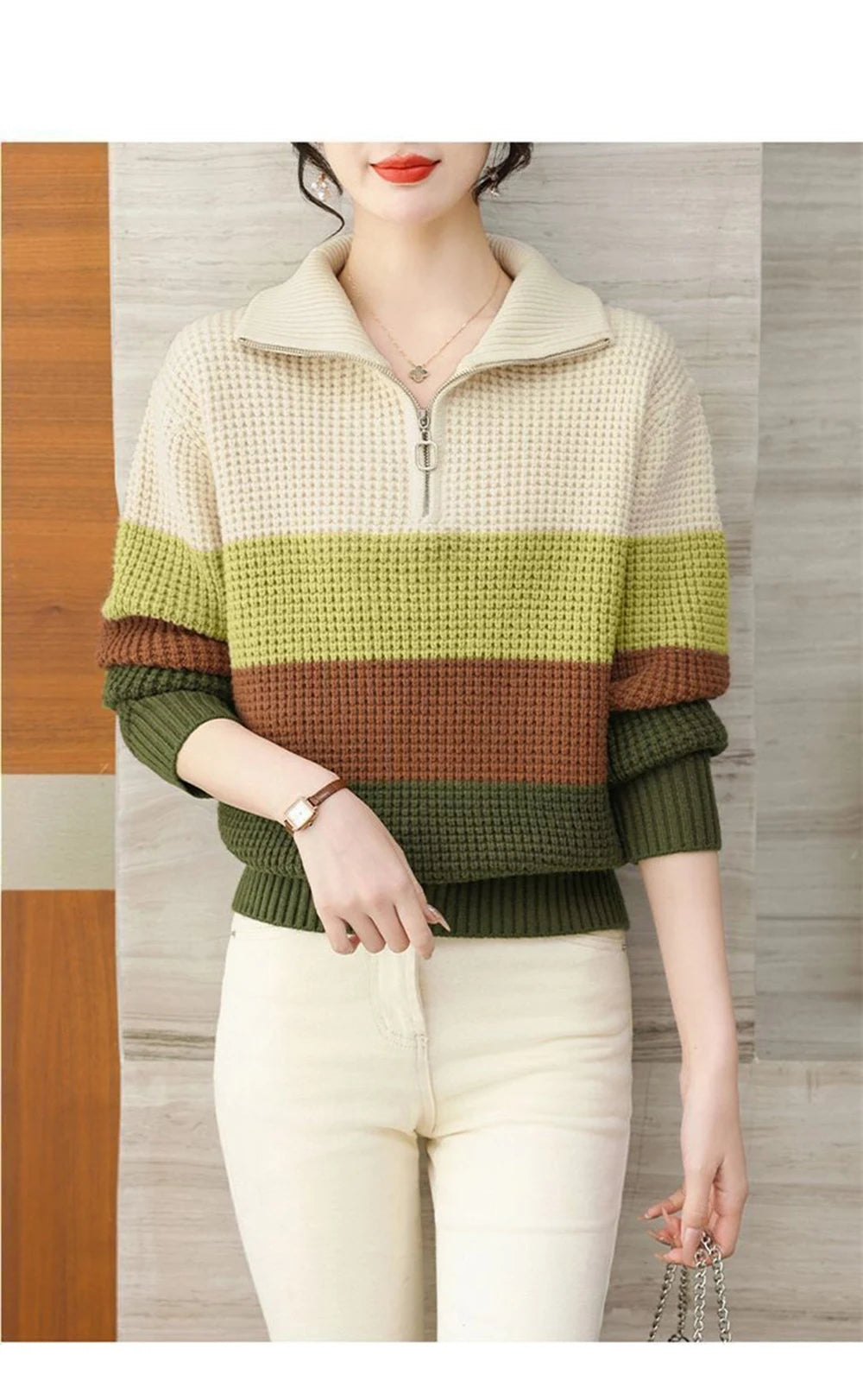 Hnewly  Knitted Stripe Sweater Women's Lapel V-neck Autumn Winter 2025 New Contrast Color Versatile Knitwear Long Sleeve Pullover Tops