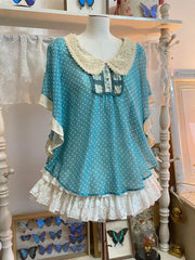 Hnewly  Vintage Doll Collar Polka Dot Short Sleeve Women's Summer Top And Lace Skirt Set Fashionable Retro Style Midi Dress
