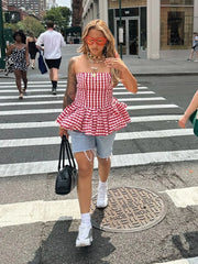 Hnewly Plaid Print Corset Tops Women Y2K Summer Pleated Fluffy Hem Sleeveless Basic Street Backless Vacation Beach Party Top