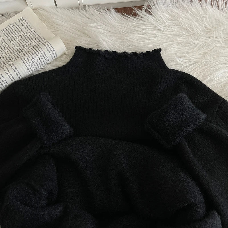 Hnewly  Lace Edge Half High Collar Sweater Autumn Winter New Women's Long Sleeve Top Warm Solid Color Slim Basic Knit Pullover