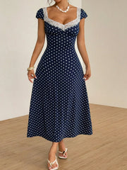 Lunivop  Navy Blue Polka Dot Lace Trim V-Neck Puff Sleeve A-Line Midi Dress