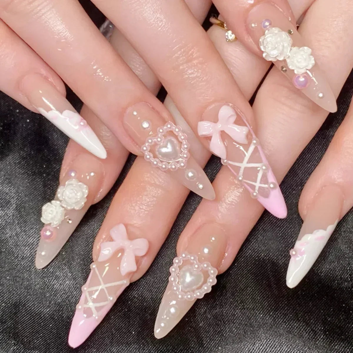 Hnewly 24Pcs Pink Almond French Press on Nails With 3D Bow ripple charms Design Fake Nails Ballerina False Nails Full Cover Nail Tips