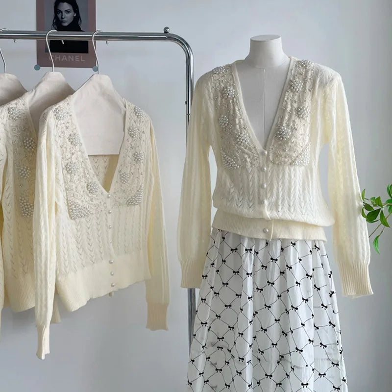 Hnewly  Women Luxury Pearls Beaded Mohair Sweater V-neck Hollow Out Thin Loose Knitted Cardigan Korean Elegant Long Sleeved Spring Top