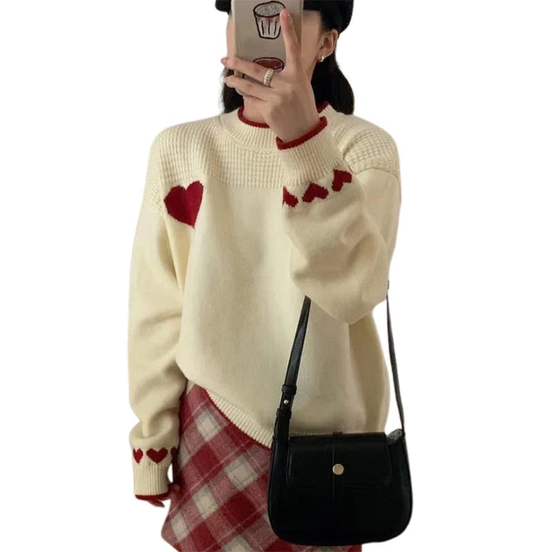 Hnewly y2k Sweaters Women Christmas Clothes Heart Print Round Neck Long Sleeve Knitted Pullover Tops 2000s Aesthetic Clothing