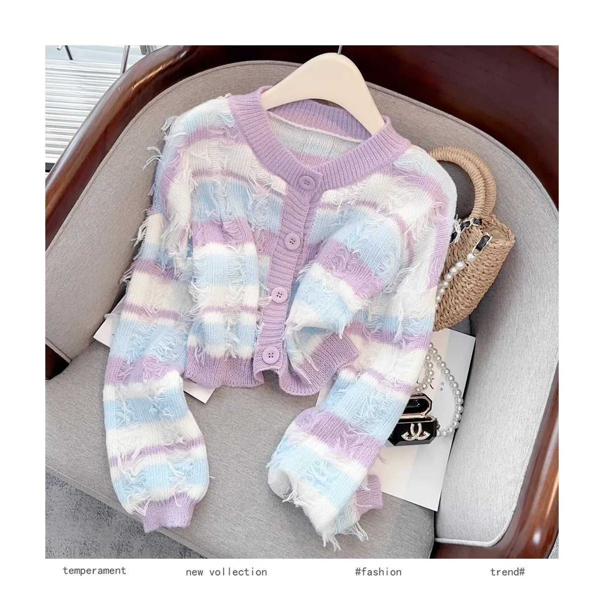 Hnewly Striped Fashion Tassel Sweater Women's Autumn Single Breasted  O-Neck New Short Knitted Cardigan Long Sleeve Top