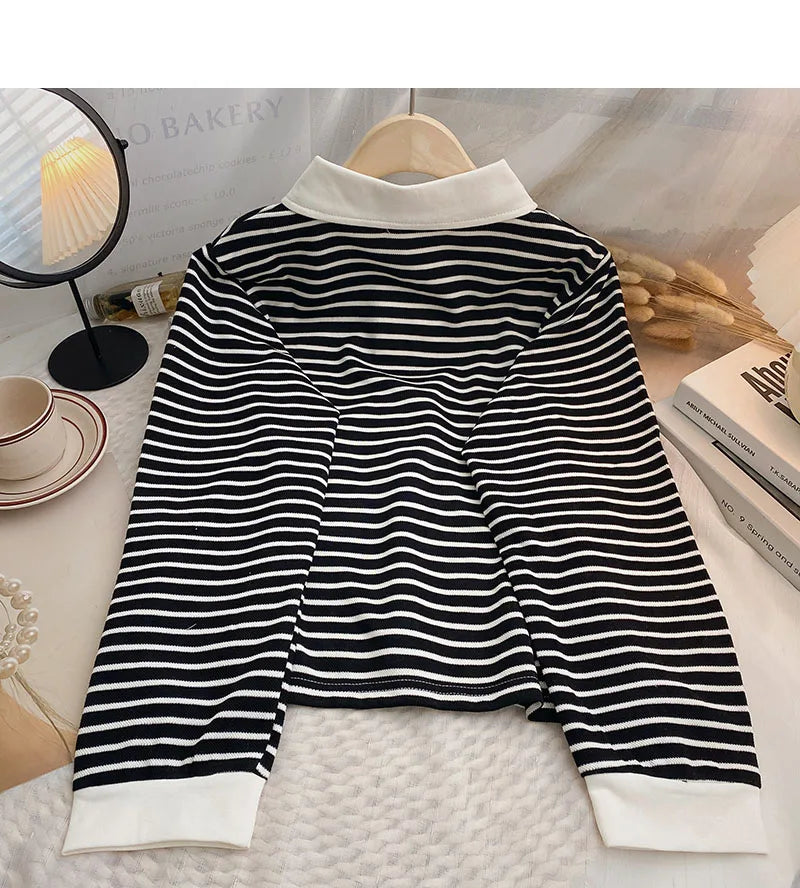 Hnewly  Classic Black White Striped Sweatshirts Casual Loose Turn-down Collar  Women's Spring 2025 New Korean Long Sleeve T-shirt Top