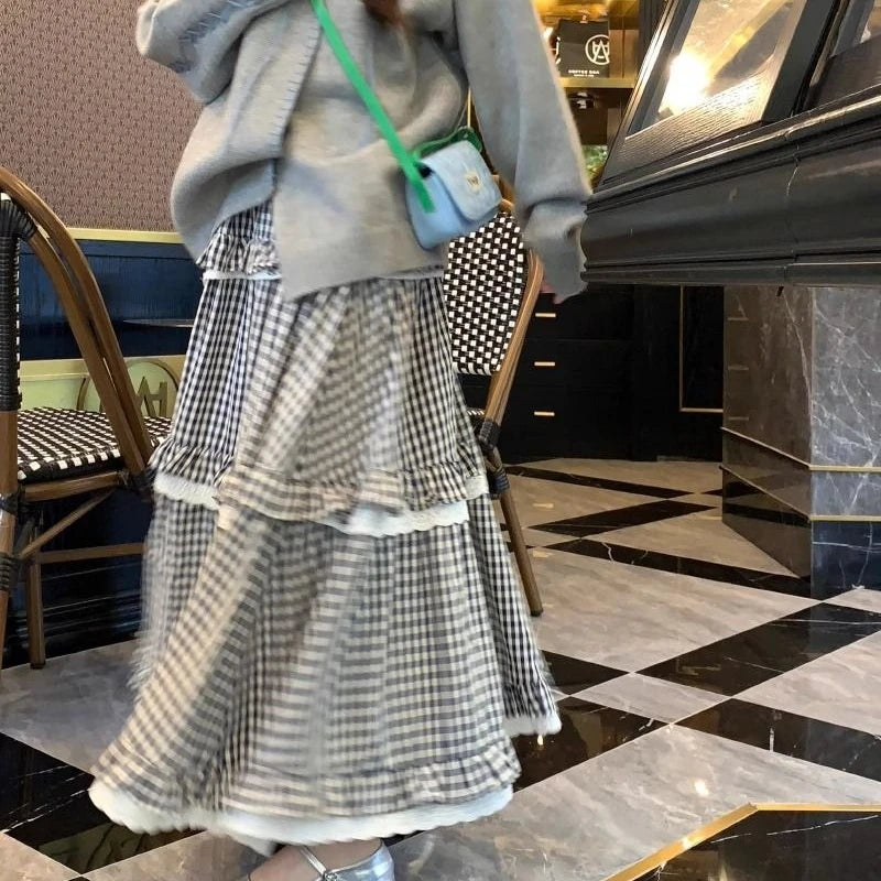 Hnewly  Kawaii Harajuku Plaid Skirt Women Preppy Style Sweet Long Skirts Retro Lace Patchwork A-line Ruffle Skirts Streetwear