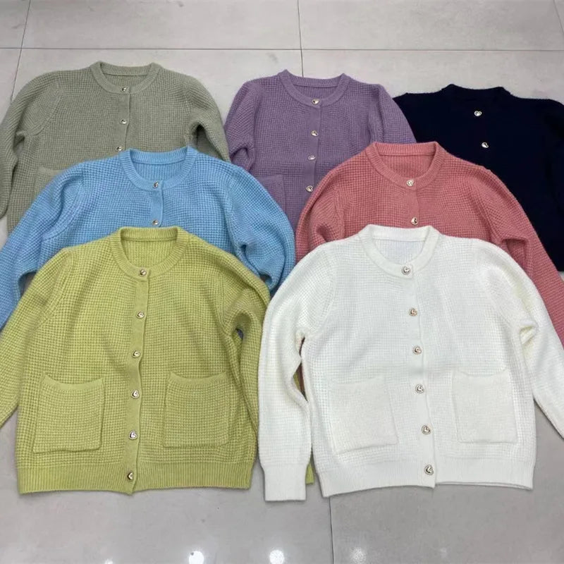 Hnewly  Temperament O-Neck Short Waffle Sweater Autumn/Winter French Elegant Long Sleeve Knitted Cardigan Women's Solid Versatile Coat