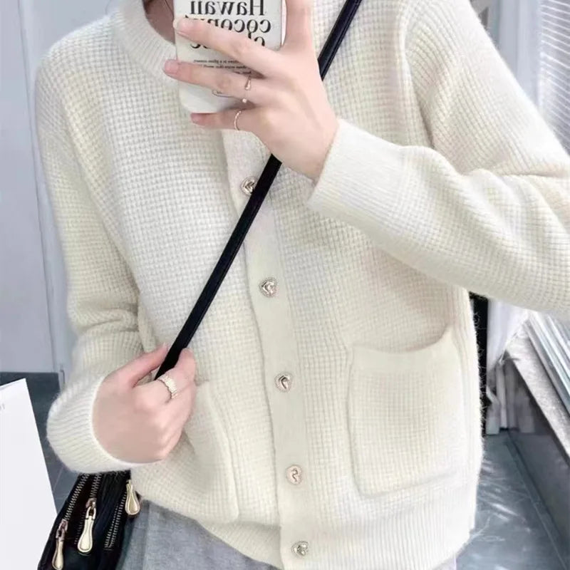 Hnewly  Temperament O-Neck Short Waffle Sweater Autumn/Winter French Elegant Long Sleeve Knitted Cardigan Women's Solid Versatile Coat