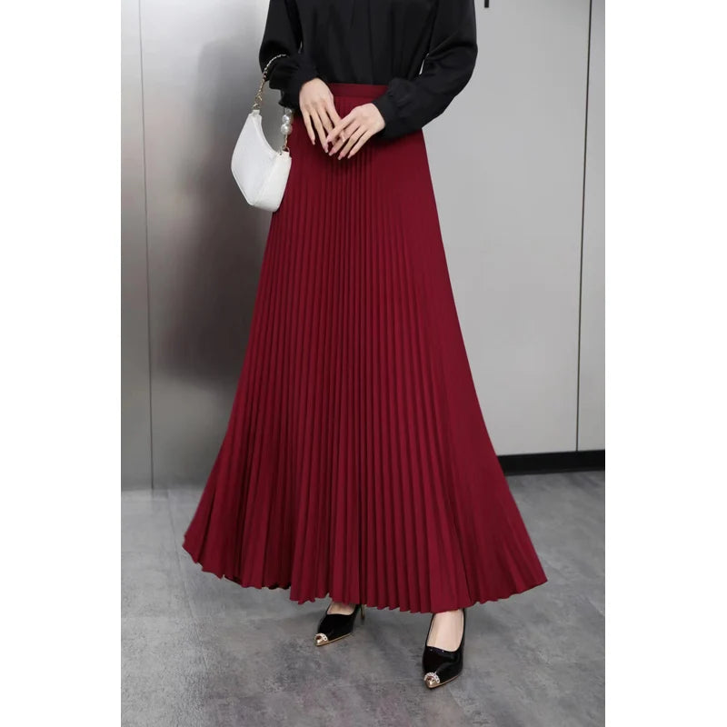 Hnewly Brand Spring Clothes Women Autumn Fashion Casual Office Lady Pleated Skirt Women New Hight Waist Solid Long Skirt