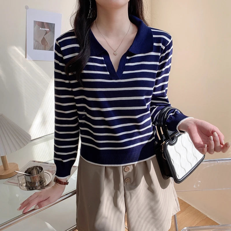 Hnewly  Striped Knit Pullover Sweater Women's Autumn 2025 New Lapel Shirt V-neck Loose Long Sleeve T-shirt Fashion Bottoming Short Top