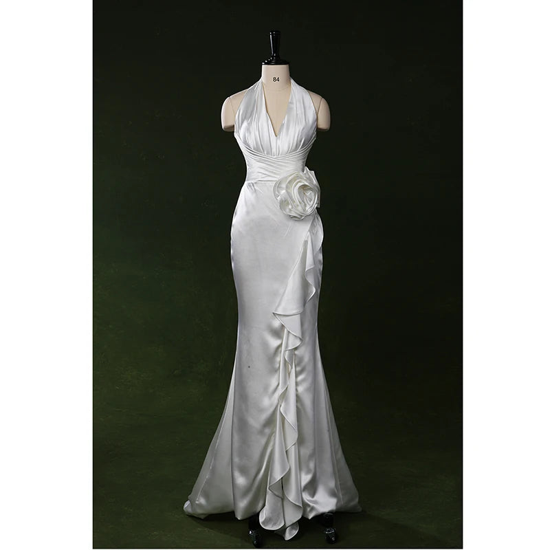 Hnewly  Sexy Neck Hanging V-neck White Dinner Party Annual Party  Birthday Party Host Coming Of Age Ceremony Evening Gown Customized