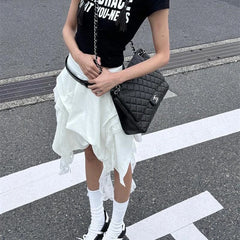 Hnewly  Korean Style Irregular Skirt Women Vintage Elegant White Ruffle Skirt Lace Patchwork Summer Layered Midi Skirts Street