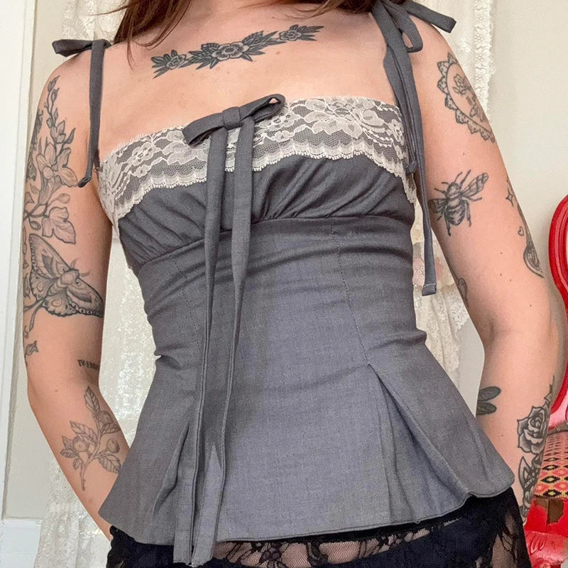 Hnewly Bandage Bow Stitching Crop Top Women Patchwork Lace Sleeveless Slim-fitting Tees y2k Vintage Vest Korean Fashion Camisole