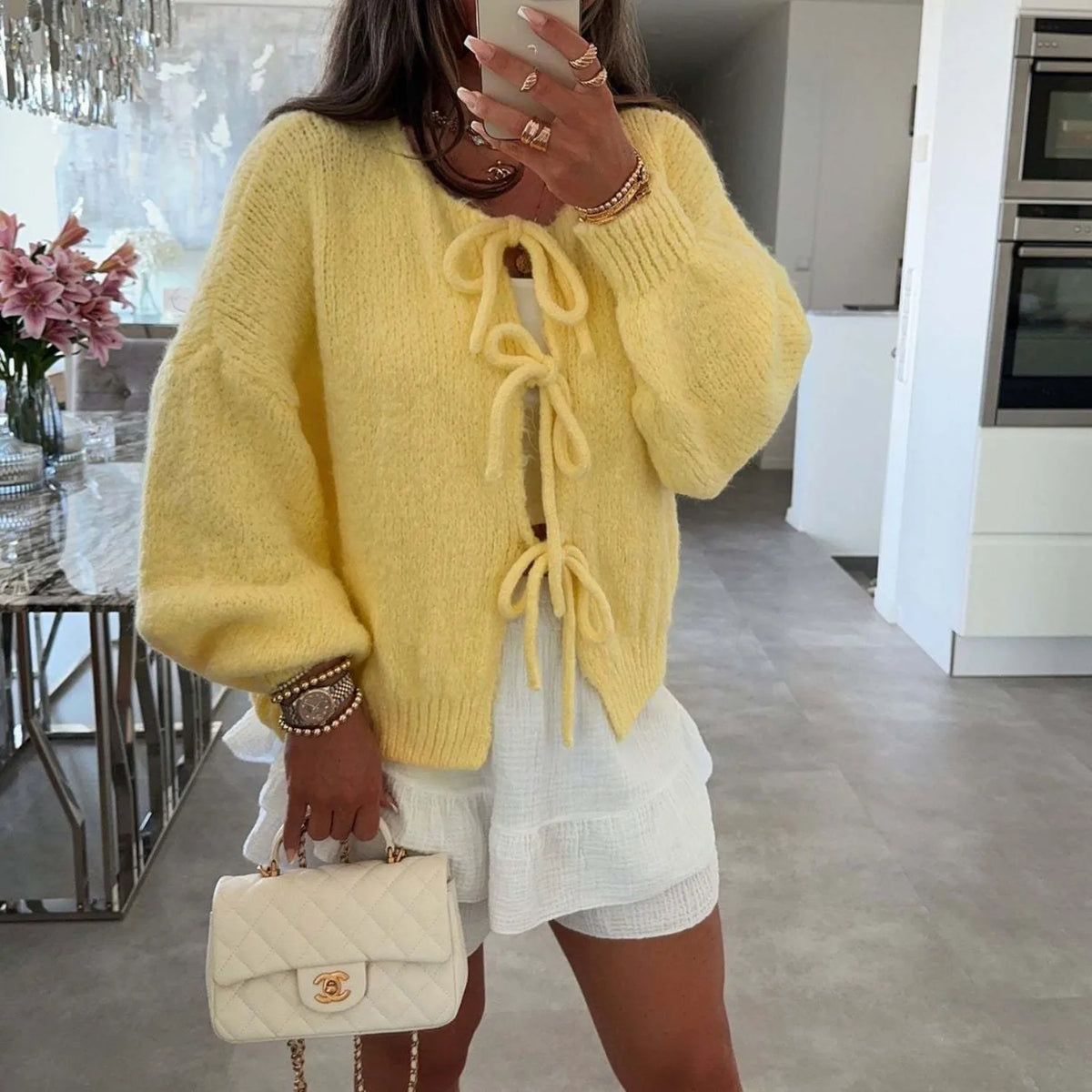 Hnewly  Bow Tie Front Cardigan for Women Long Sleeve Knitted Jacket Sweater Autumn Winter Knitwear Teen-girl Y2K Cute Outfit