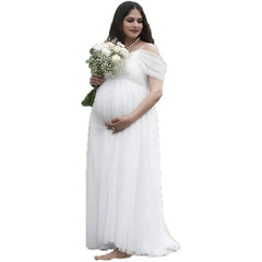 Hnewly  Elegant White Maternity Photoshoot Dress Off Shoulder Chiffon Maxi Gown Pregnancy Photography Outfit Baby Shower Studio Wear