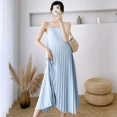 Hnewly  Beige Pink Sunmer Pregnant Woman Pleated Dress Maternity Chiffon  Mid-Calf Pregnancy Clothes with Belt Wholesale Clothing