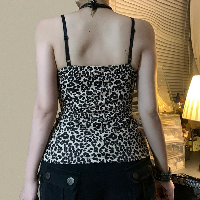 Hnewly Retro Leopard y2k Cropped Top Vintage 2000s Lace Patchwork V Neck Striped Print Spaghetti Strap Tops Harajuku Women Tees