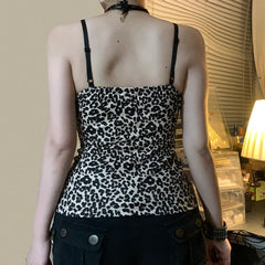 Hnewly Retro Leopard y2k Cropped Top Vintage 2000s Lace Patchwork V Neck Striped Print Spaghetti Strap Tops Harajuku Women Tees