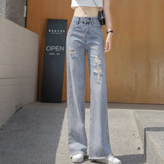 Hnewly  Korean Solid High Waist Ripped Women Jeans Fashion Casual Straight Ladies Denim Pants All Match New Pockets Female Pants