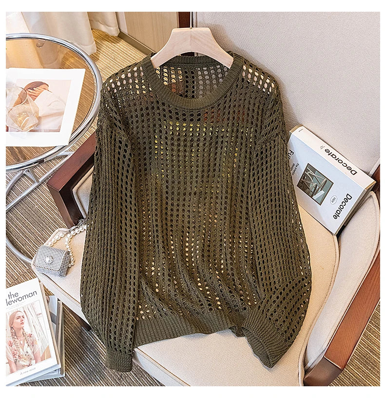 Hnewly  Women Mesh Top Oversized Long Sleeve T-shirts Crew Neck Loose Casual Knit Tees See-Through Openwork Knit Top Women Spring Summer