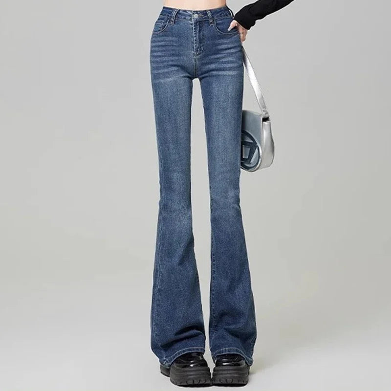 Hnewly Women Vintage High Street Bell Bottom Jeans Lady Sexy Slim Fit Denim Flare Pants Deep Blue Light Blue Black Blue Gray Trousers