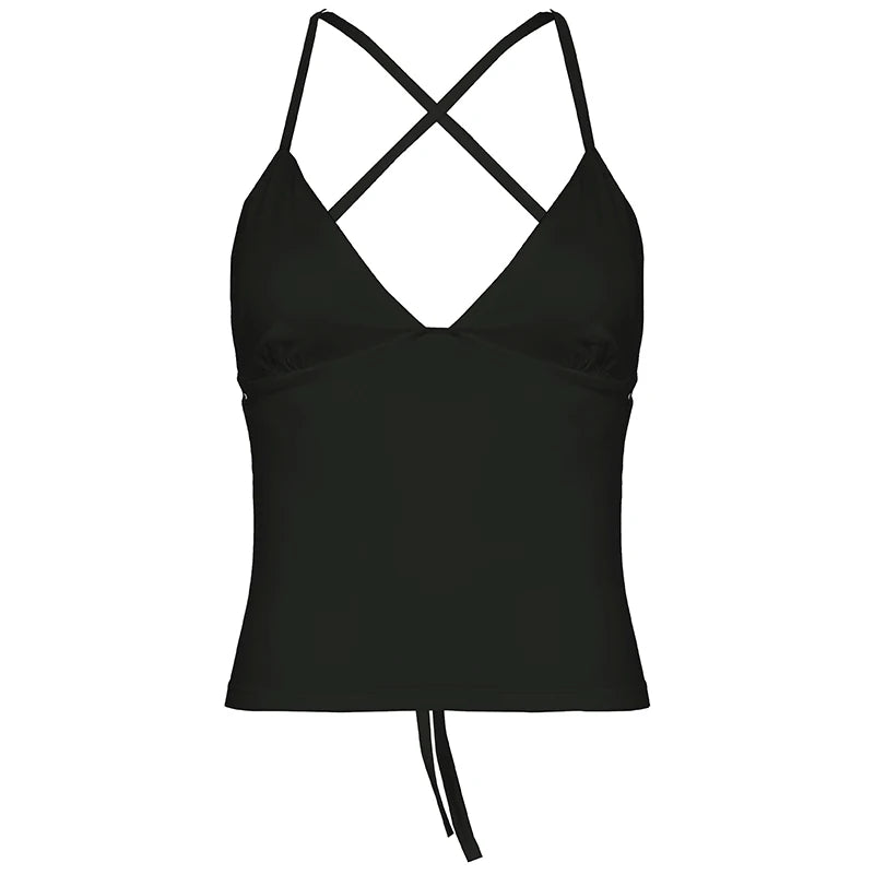 Hnewly Summer Solid Hollow Out Backless Camis Women Casual Sleeveless Lace-up Cropped Tops Sexy V-neck Skinny Tees y2k Harajuku