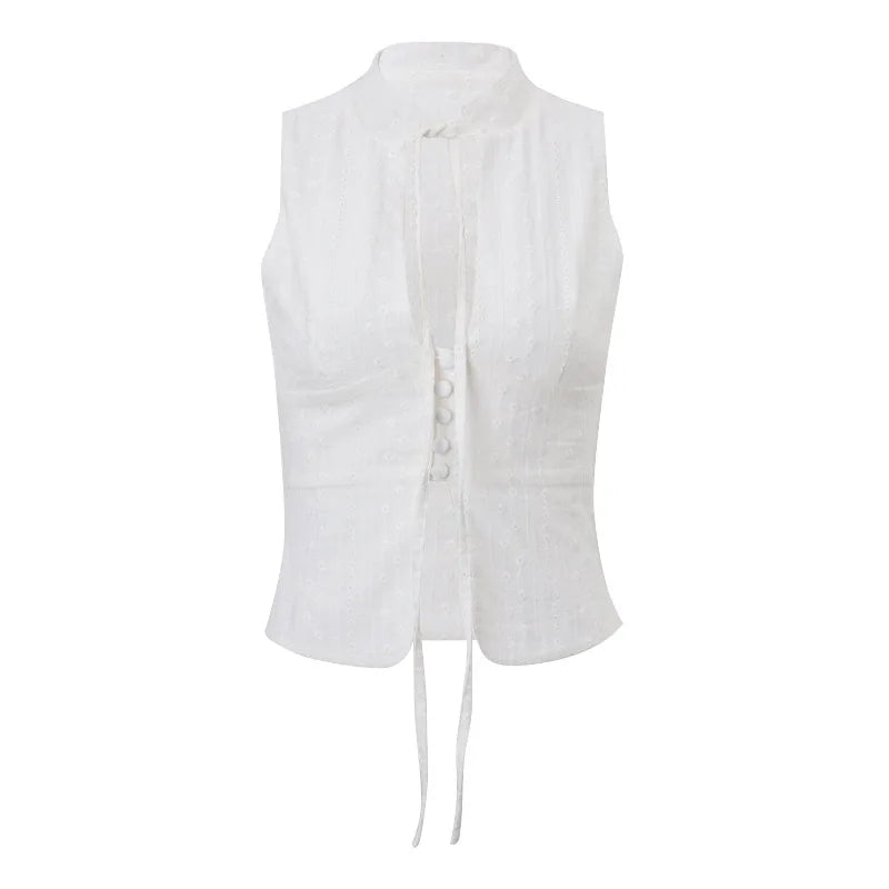 Hnewly y2k Tank Top Women Summer Clothes White Flower Embroidery Mock Neck Front Cutout Sleeveless T Shirt Vest Streetwear