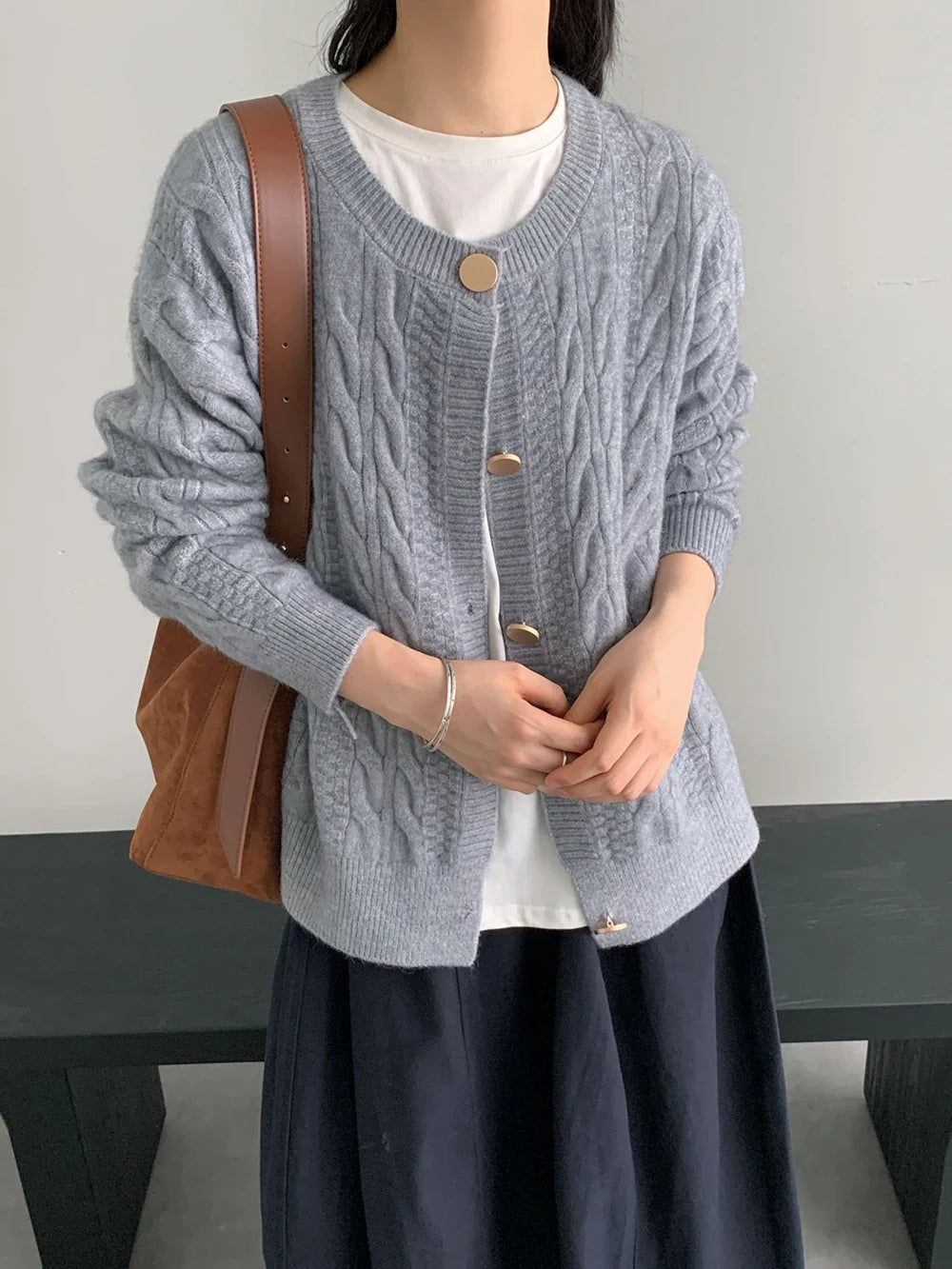 Hnewly  Vintage Twist Knit Cardigan Women's Lazy Loose Soft Thickened Single-Breasted 2025 Autumn Winter New Korean Style Female Tops