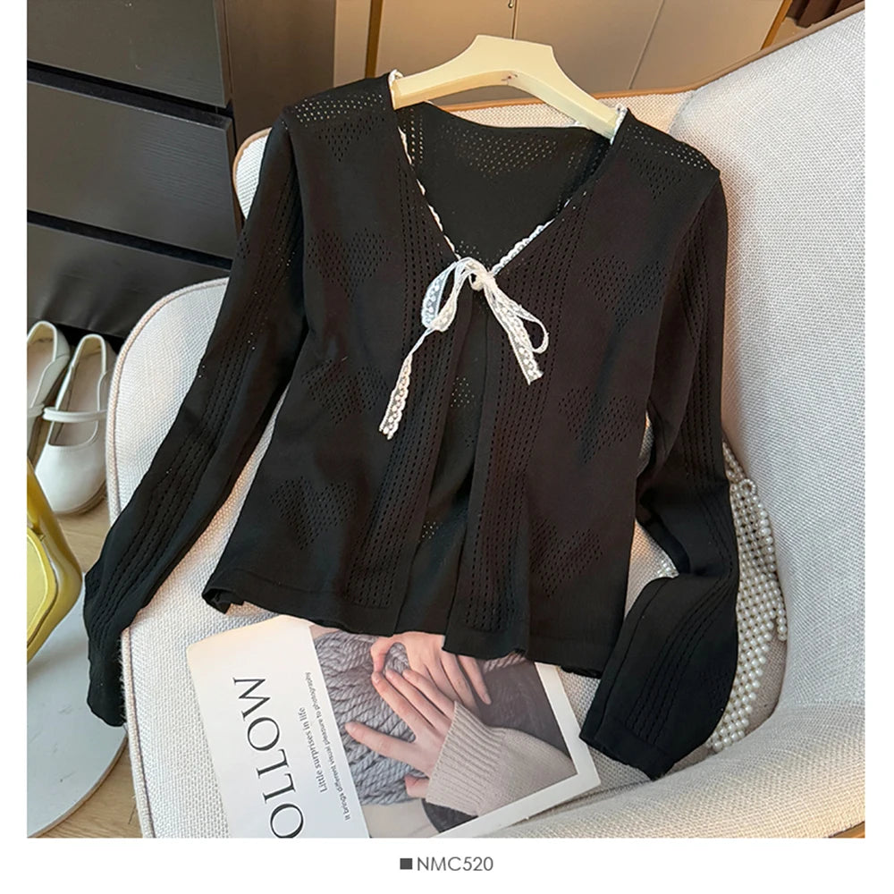Hnewly  Sweet Lace Trim Heart Hollow Knit Cardigan Women's V-Neck Long Sleeve Early Autumn Bow Tie Loose Fit Female Short Tops