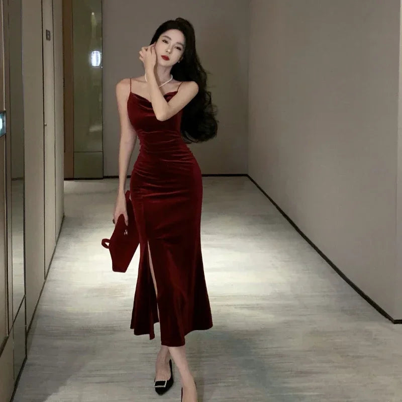 Hnewly Vintage Sexy Club Prom Red Dresses for Women Spaghetti Strap Slit Velvet Dress Beach Bandage Bodycon Midi Dress Party Elegant