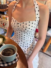 Hnewly  Polka Dot Print Top Women Halter Low-Neck Bandage Ruffles Backless Sleeveless Skinny Summer Trend Street Basic Vest