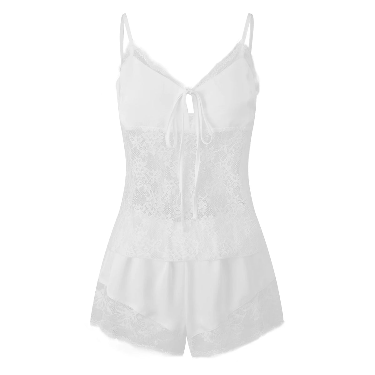 Hnewly  Women Y2k Satin Silky Lace Patchwork Set Sheer See-thru Bow Tied Front Camisoles +Elastic Low Waist Shorts Loungewear
