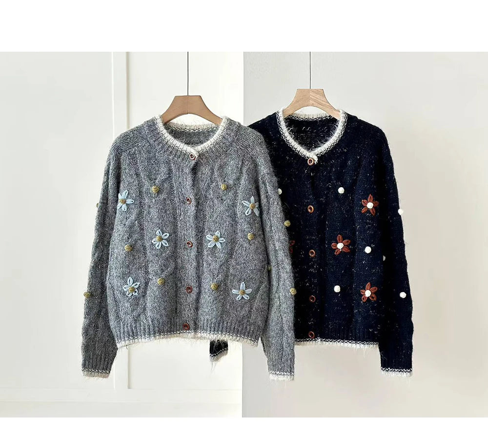 Hnewly  Flower Embroidery Knitted Sweater Cardigan 2025 Spring Autumn Soft Single-breasted Top Women Korean Style Loose Long Sleeve Coat
