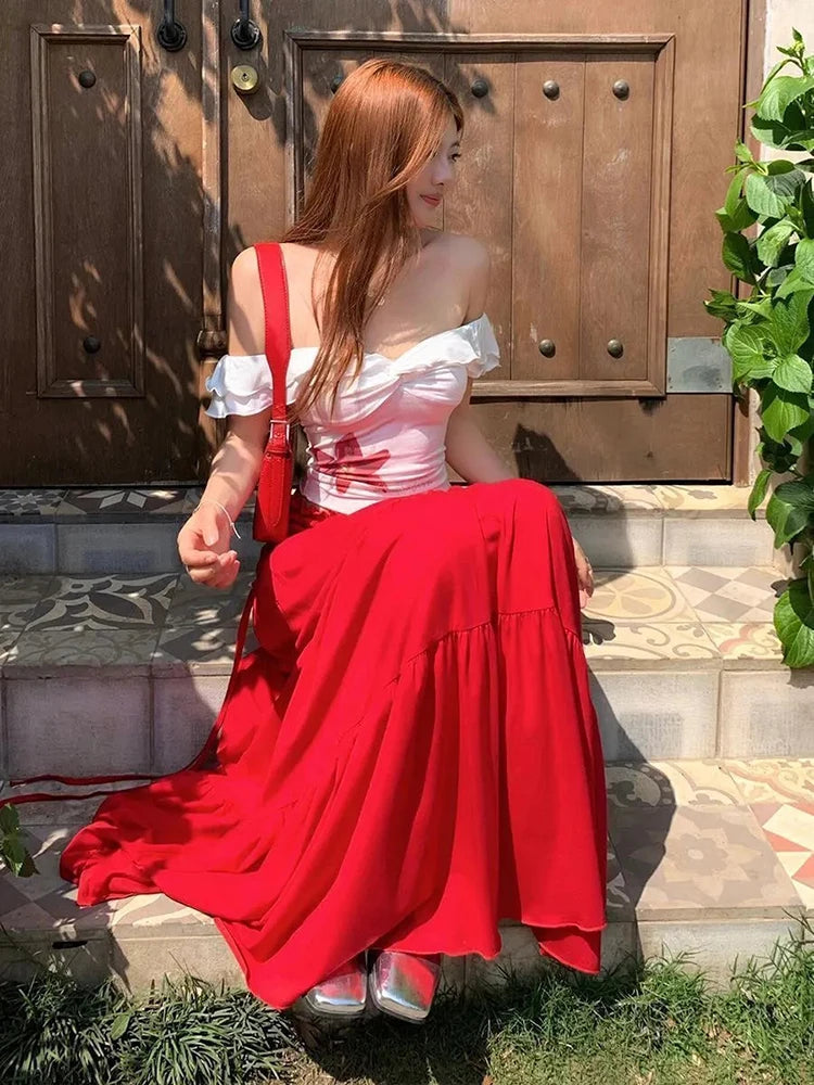 Hnewly Sexy Slash Neck Slim Tops 2 Piece Sets Y2K Femme Summer One Shoulder Tight Crop Tops High Waist Chic Patchwork A Line Skirt Suit