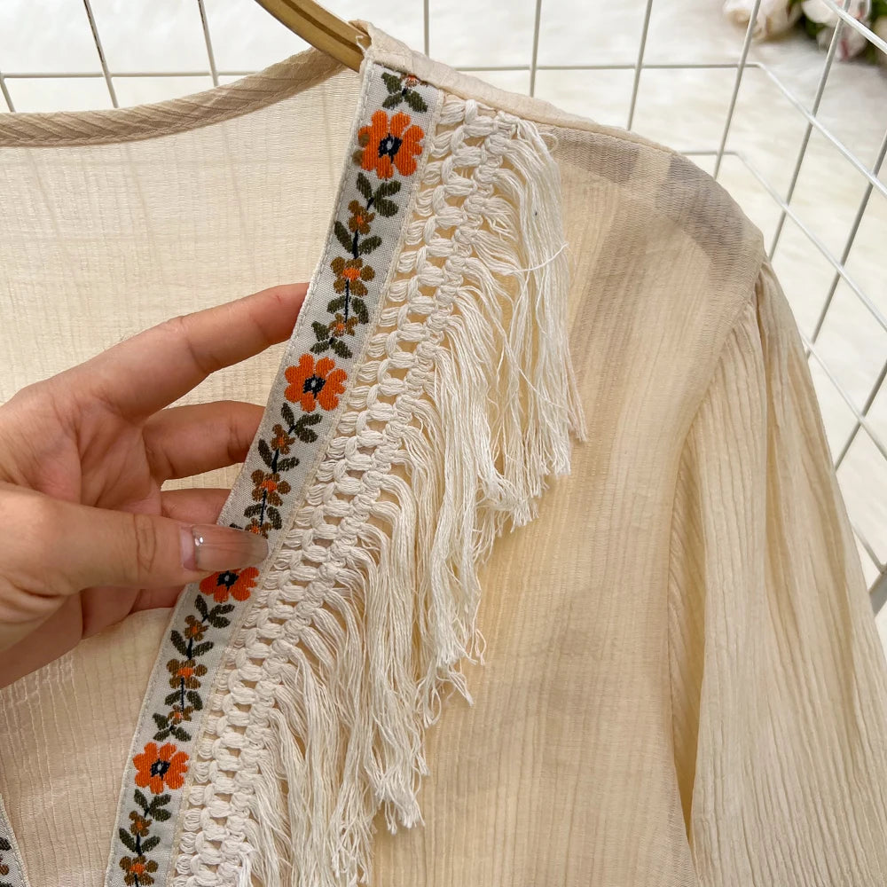Hnewly  Tassel Patchwork V-neck Vacation Dress Sweet Lantern Sleeves Loose Mid Length A-line Dresses Elegant Embroidery Beach Vestido