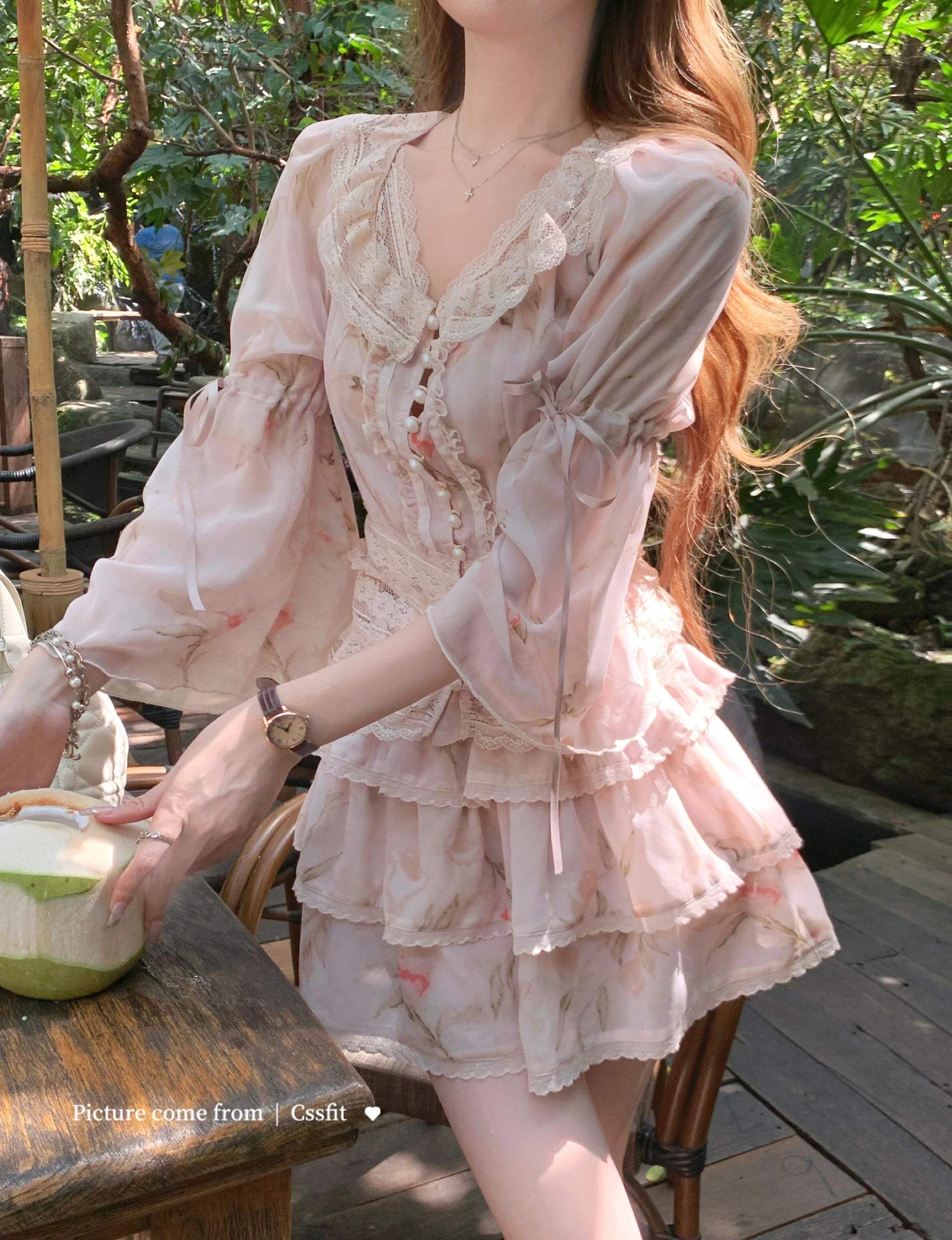 Hnewly Women Print Lace Two Pieces Sets French Elegant Spliced Ruffles Slim Waist Lace-up O-Neck Top + Cake A-Line Skirt Summer Fashion